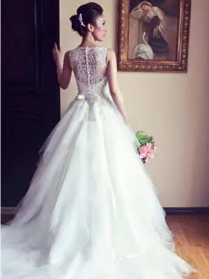 Back Bateau Neck Tulle A-Line Wedding Dress