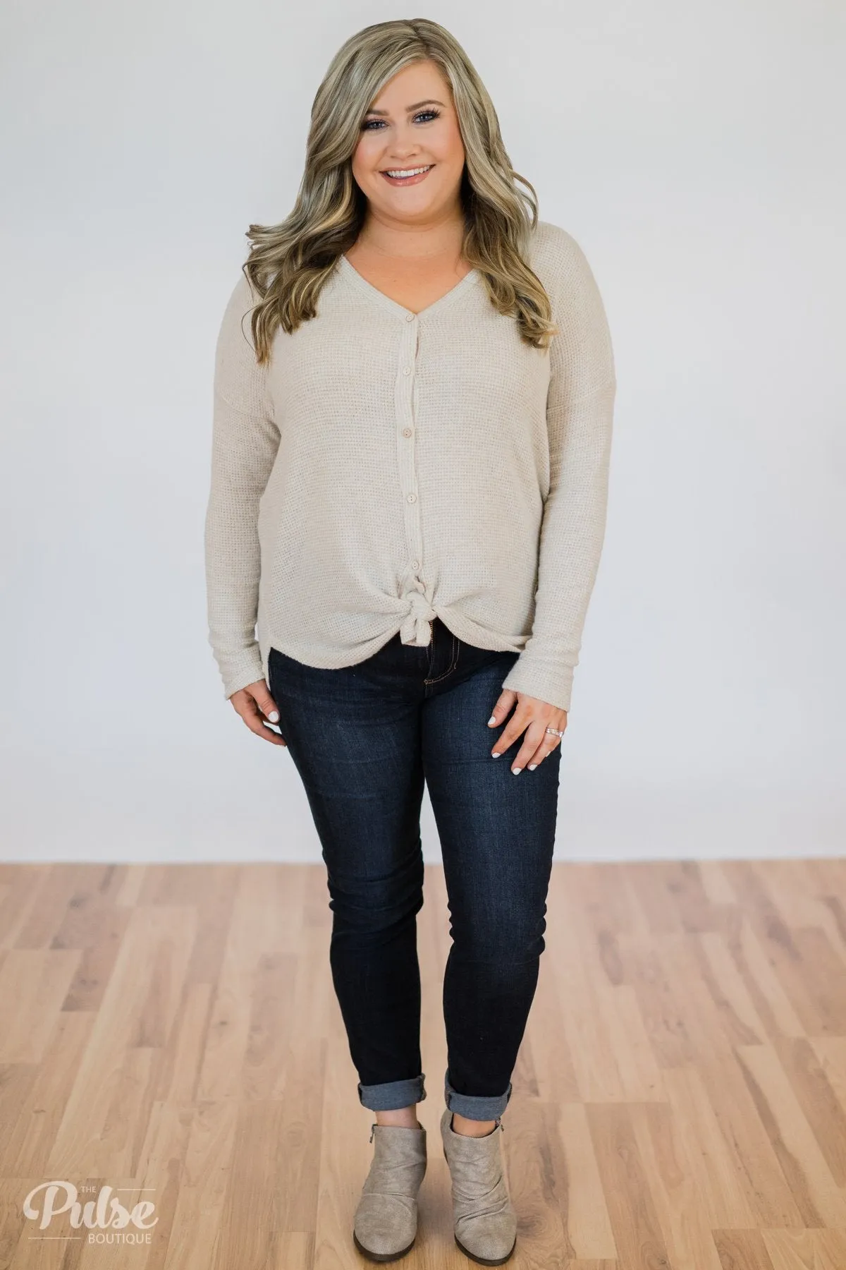 Back to You Thermal Button Top- Taupe