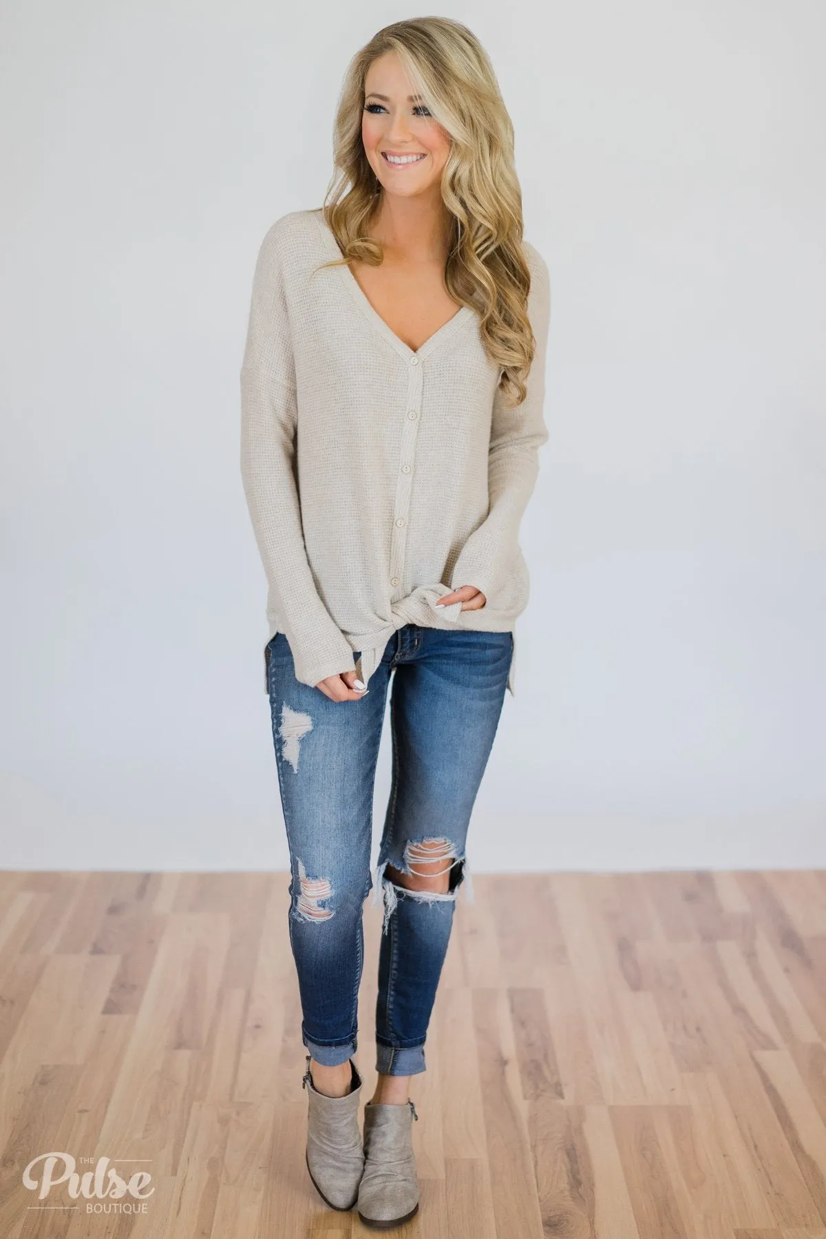 Back to You Thermal Button Top- Taupe