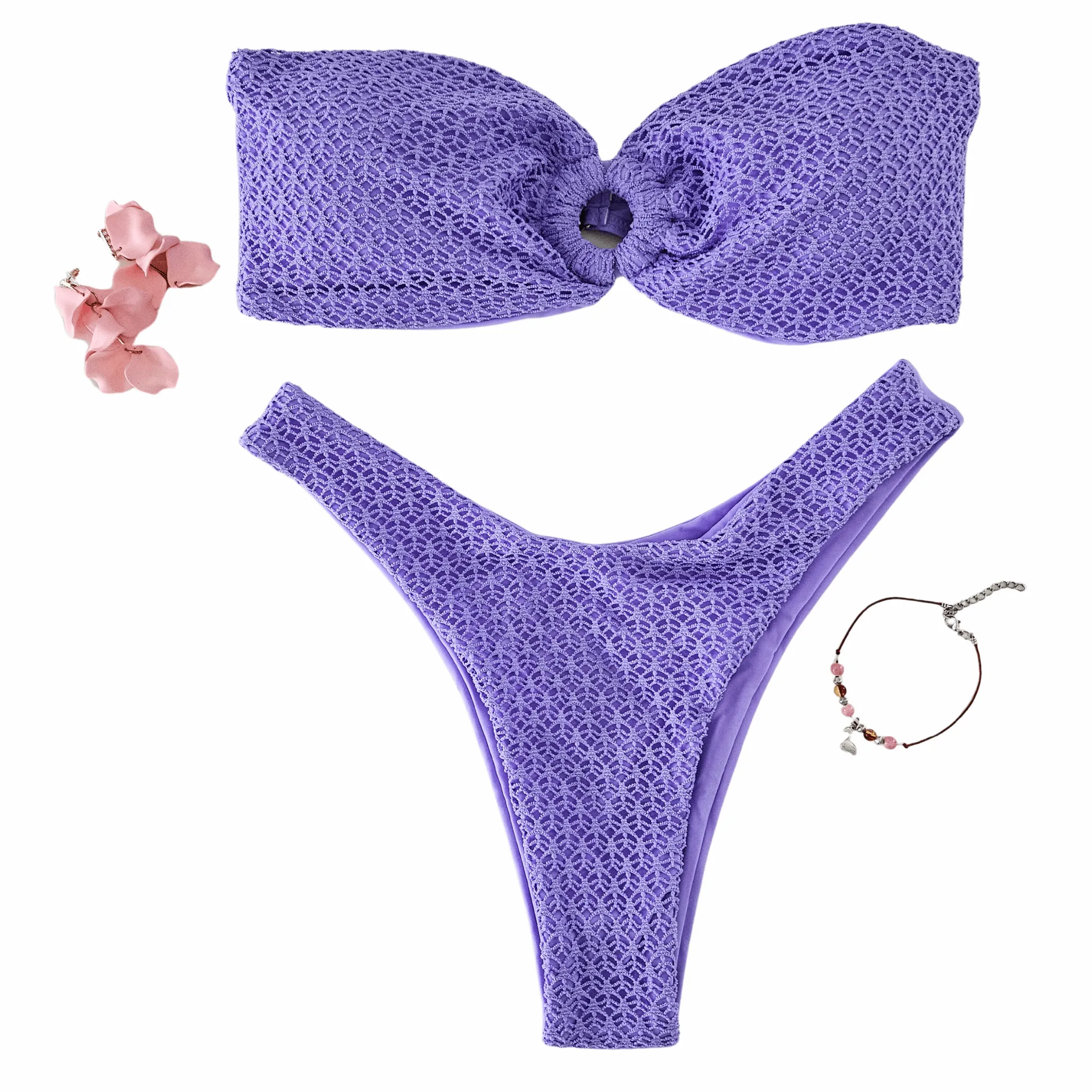Bandeau Textured Tube Top Thong Bikini Set