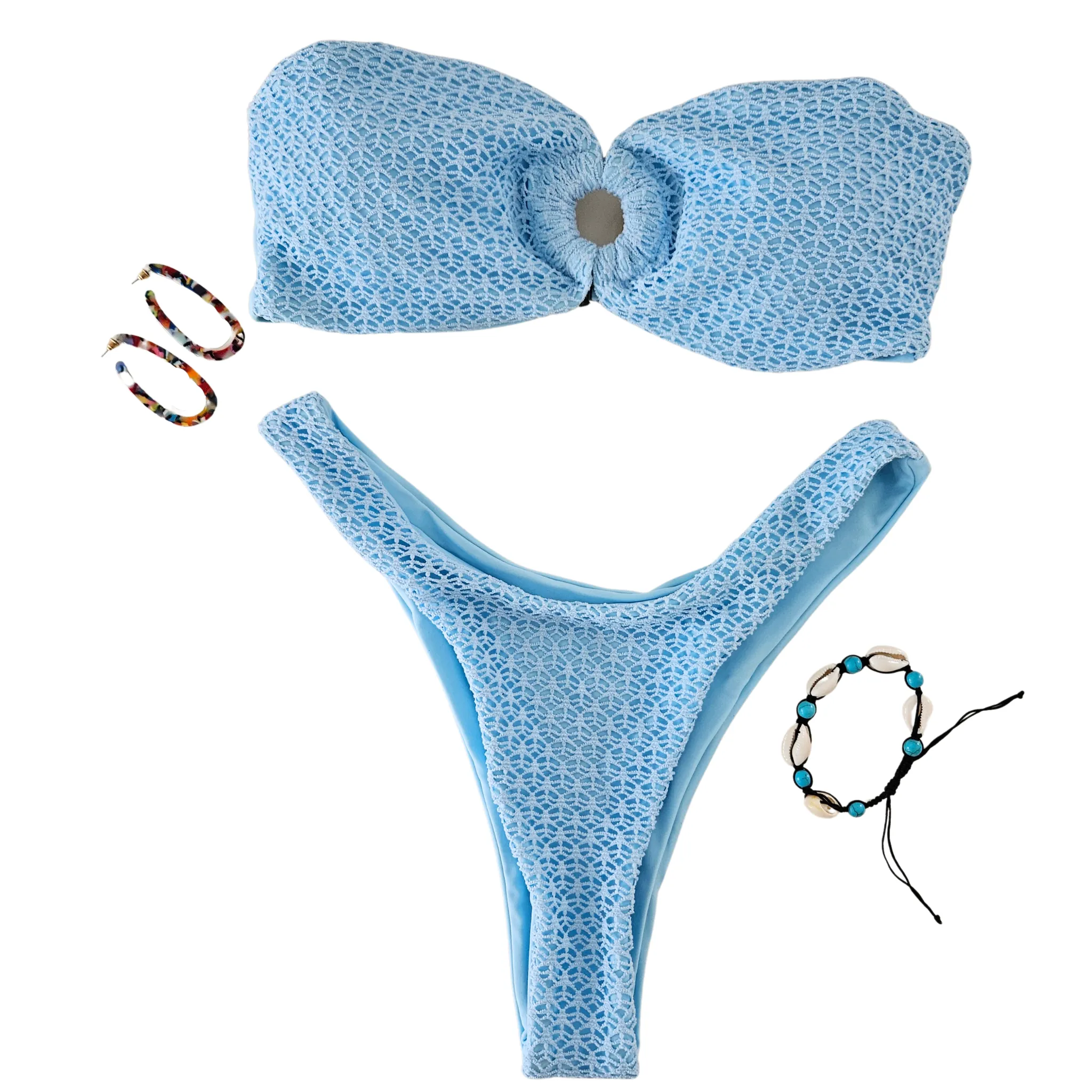Bandeau Textured Tube Top Thong Bikini Set