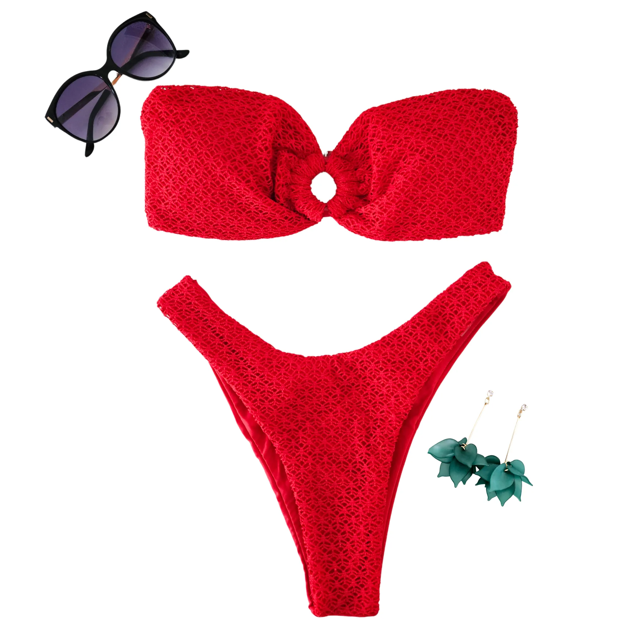Bandeau Textured Tube Top Thong Bikini Set