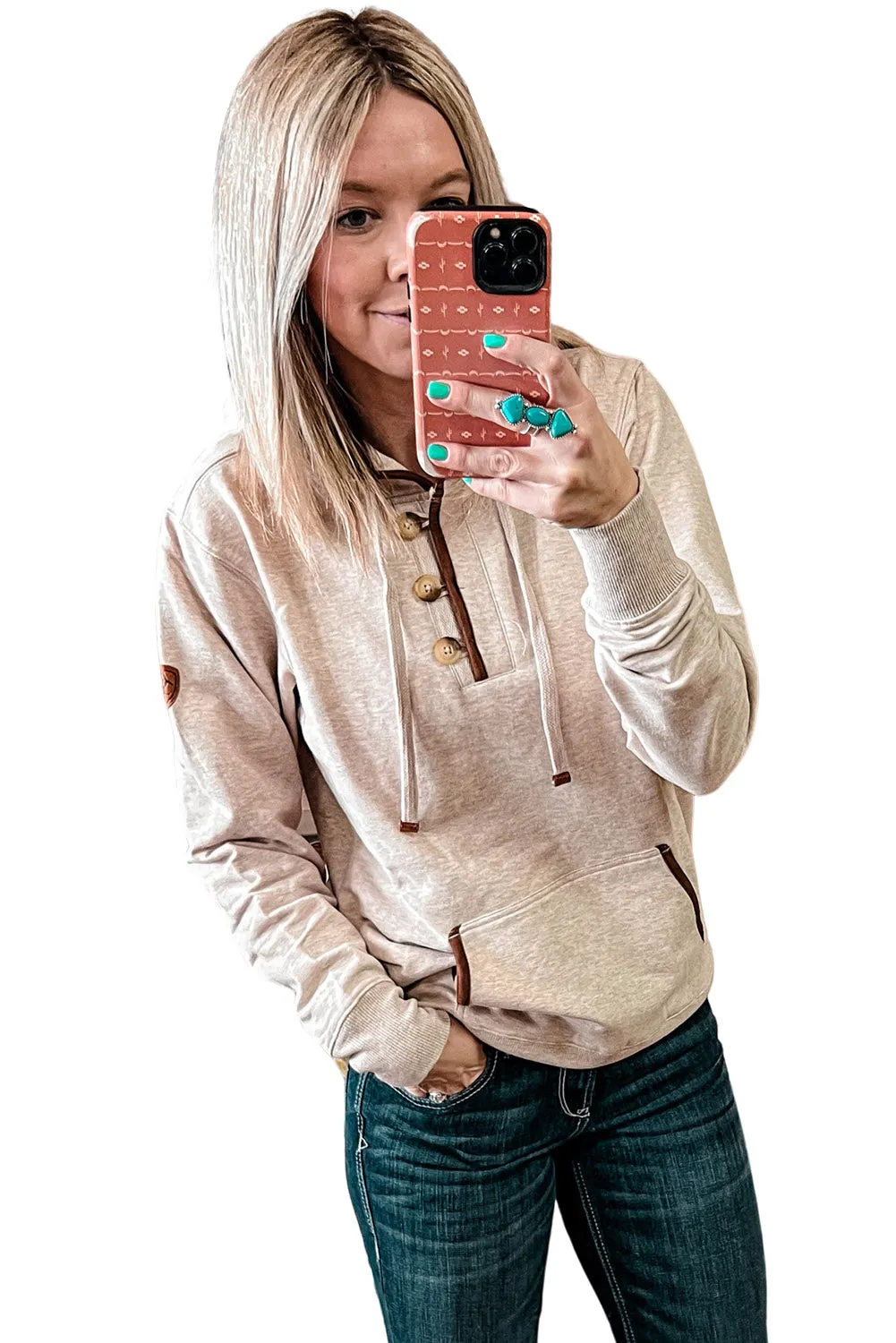 Beige Drawstring Kangaroo Pocket Henley Hoodie