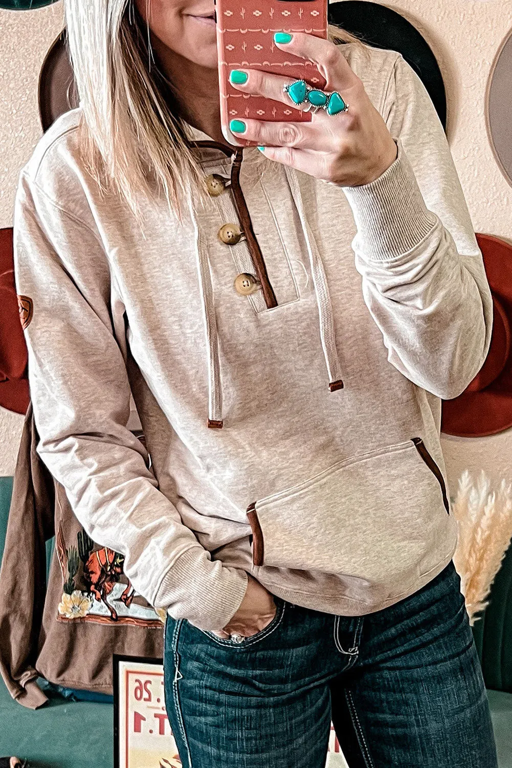 Beige Drawstring Kangaroo Pocket Henley Hoodie