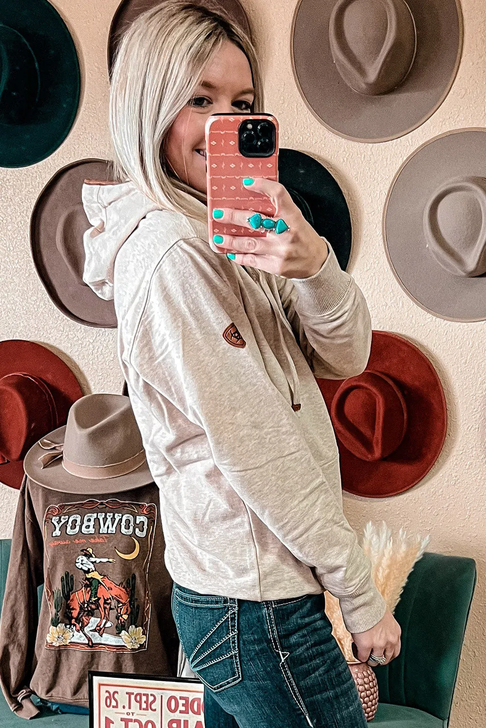 Beige Drawstring Kangaroo Pocket Henley Hoodie
