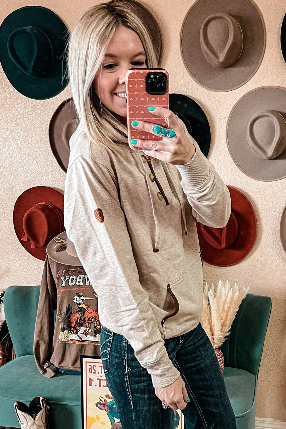 Beige Drawstring Kangaroo Pocket Henley Hoodie