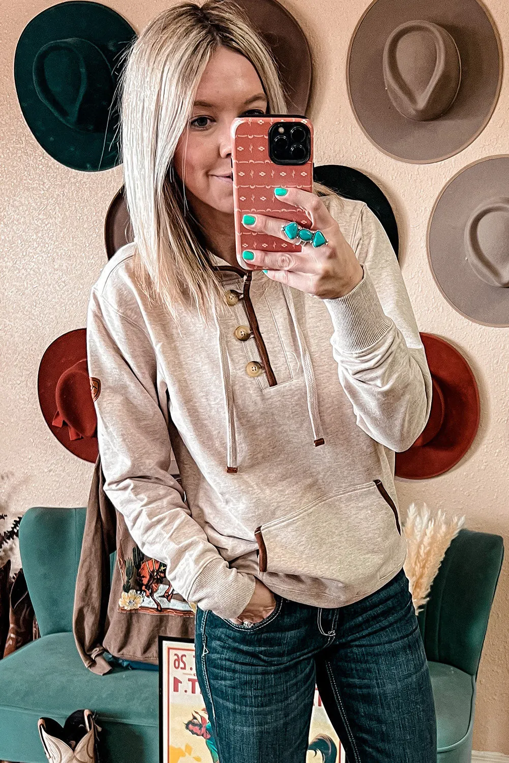 Beige Drawstring Kangaroo Pocket Henley Hoodie