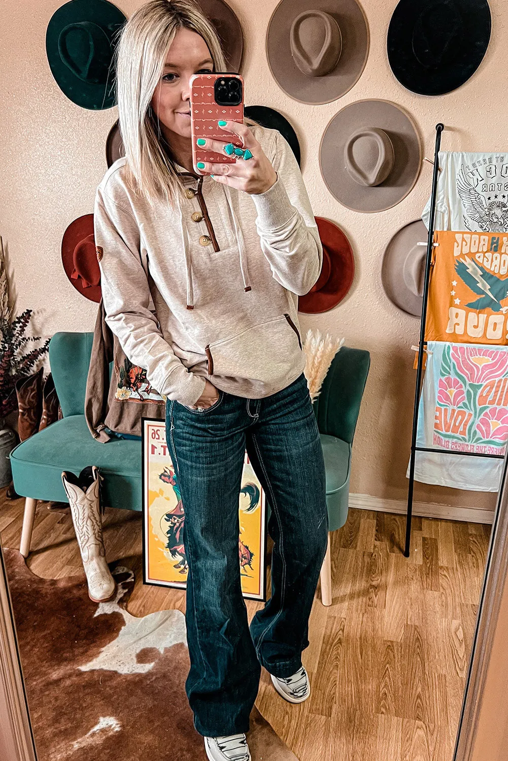 Beige Drawstring Kangaroo Pocket Henley Hoodie