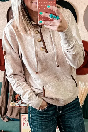 Beige Drawstring Kangaroo Pocket Henley Hoodie