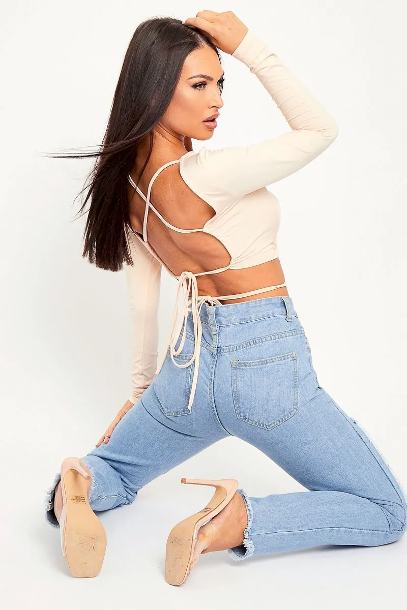Beige Lace Up Back Long Sleeve Crop Top - Malaina