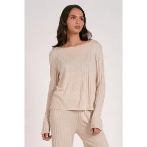 Beige Ribbed Knit Long Sleeve Top