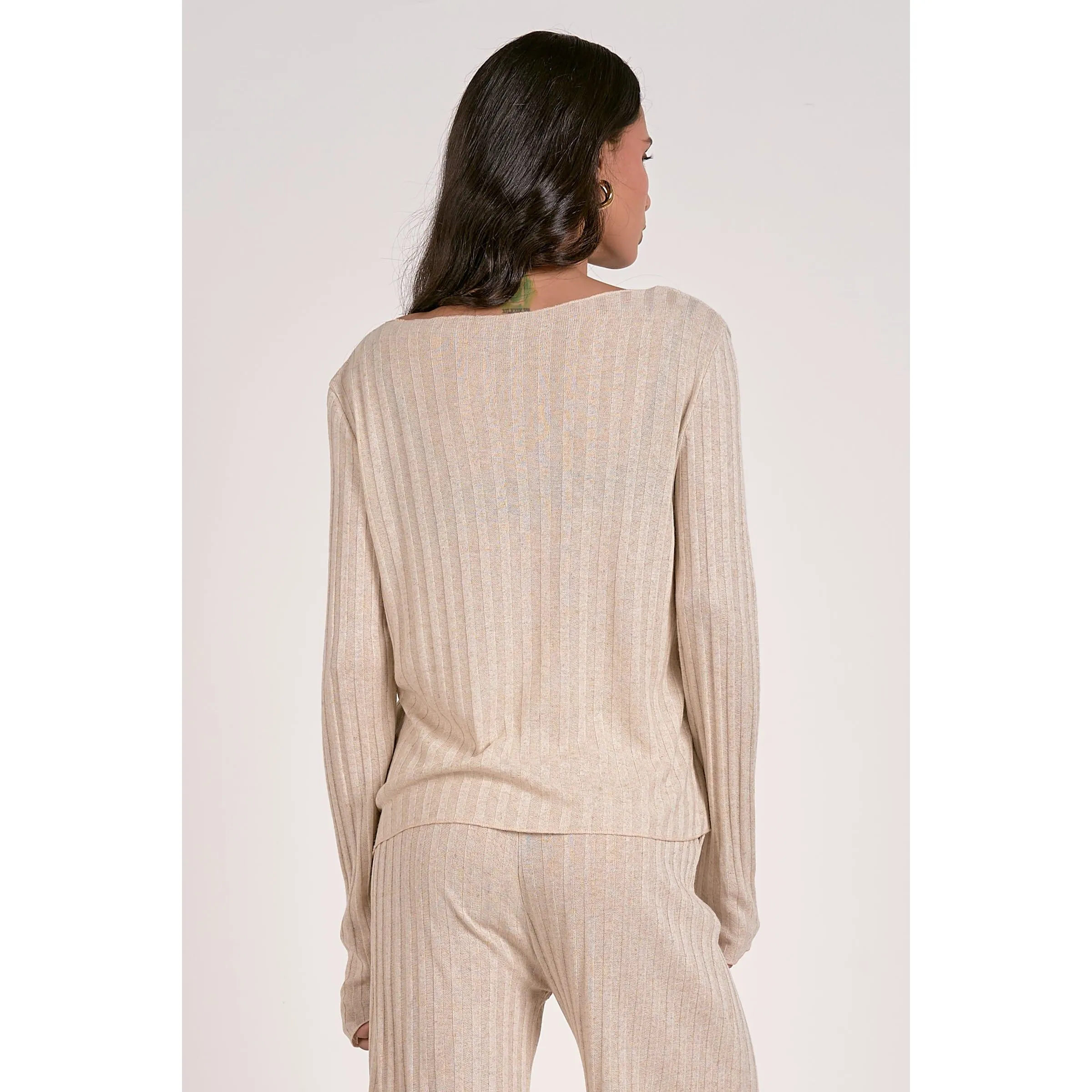 Beige Ribbed Knit Long Sleeve Top