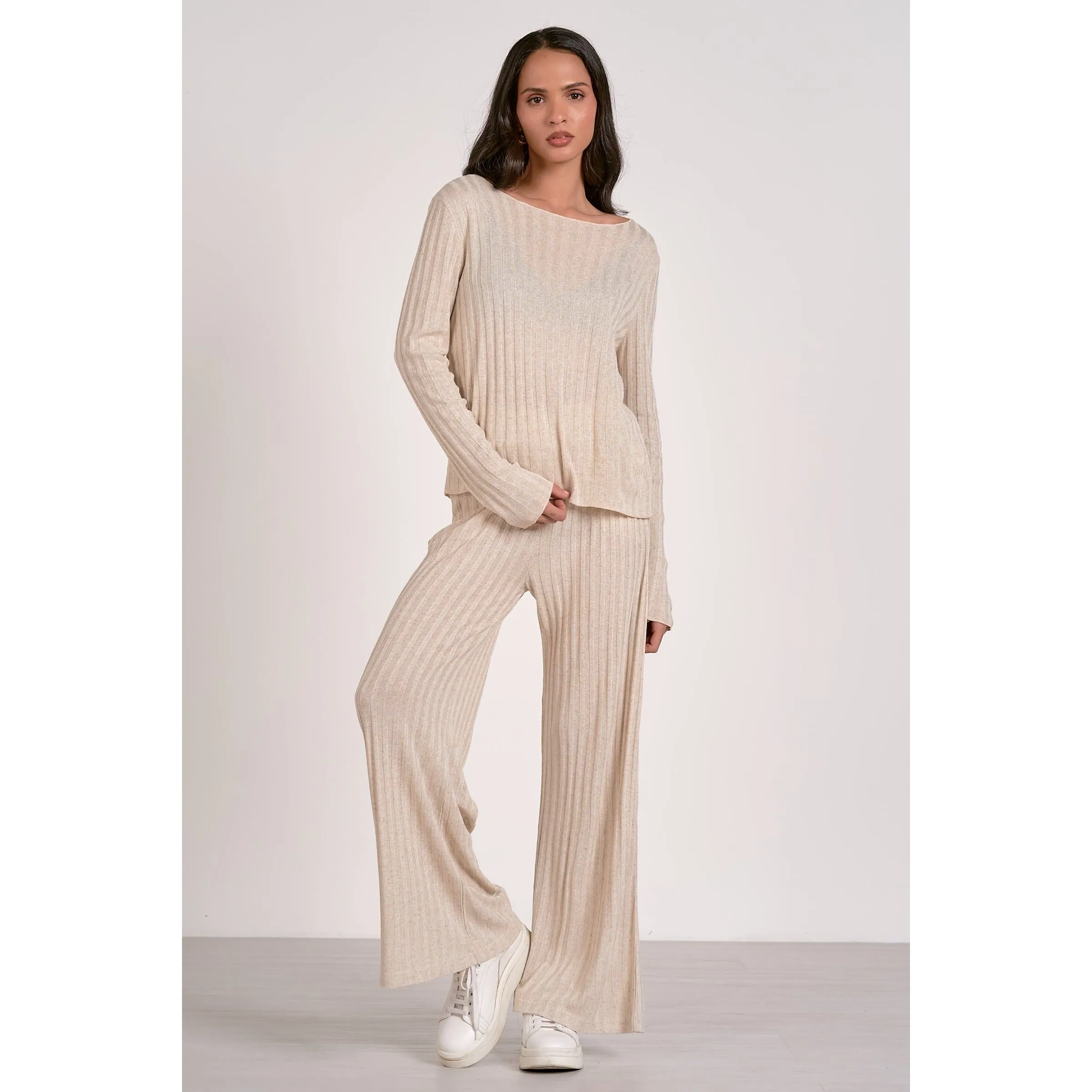 Beige Ribbed Knit Long Sleeve Top