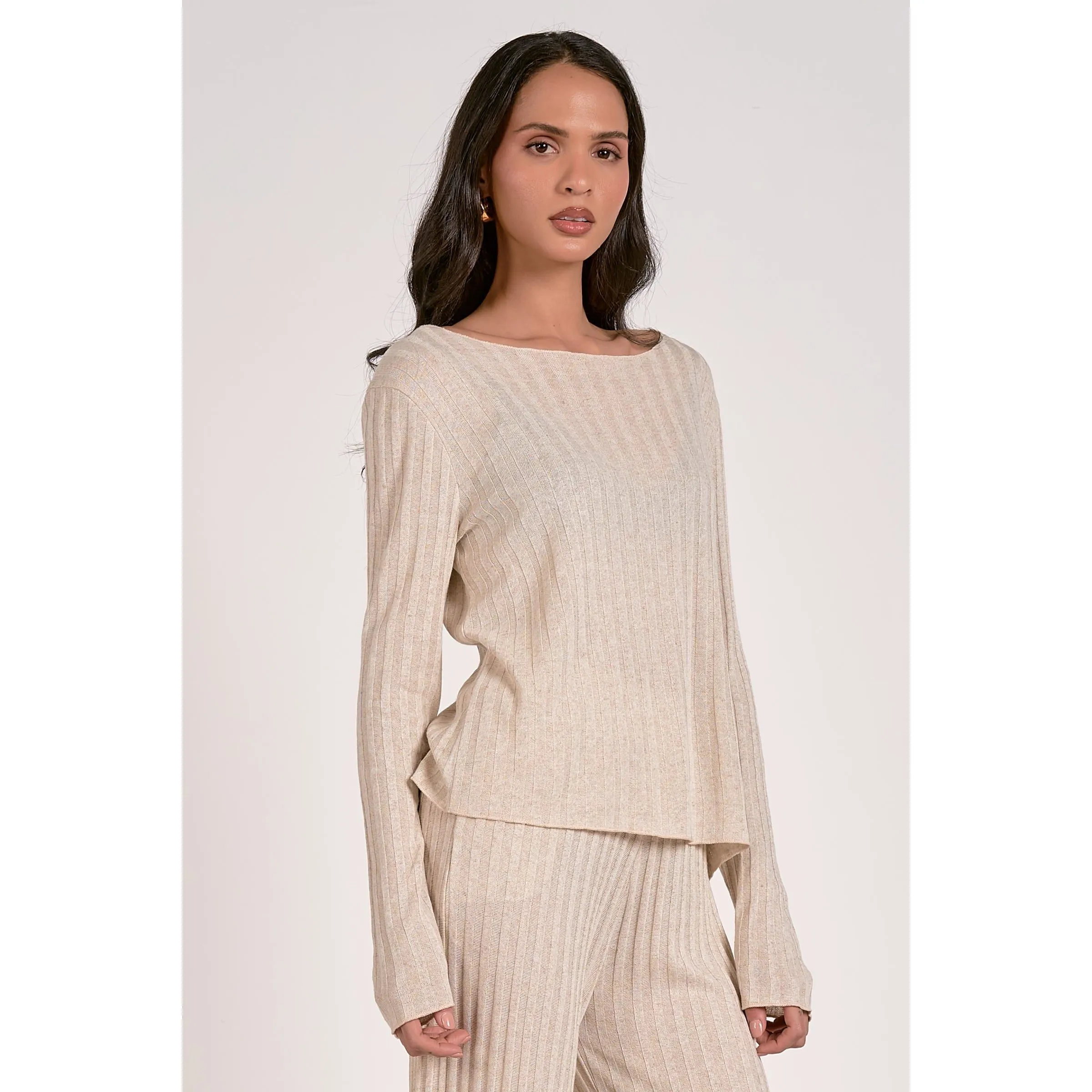 Beige Ribbed Knit Long Sleeve Top