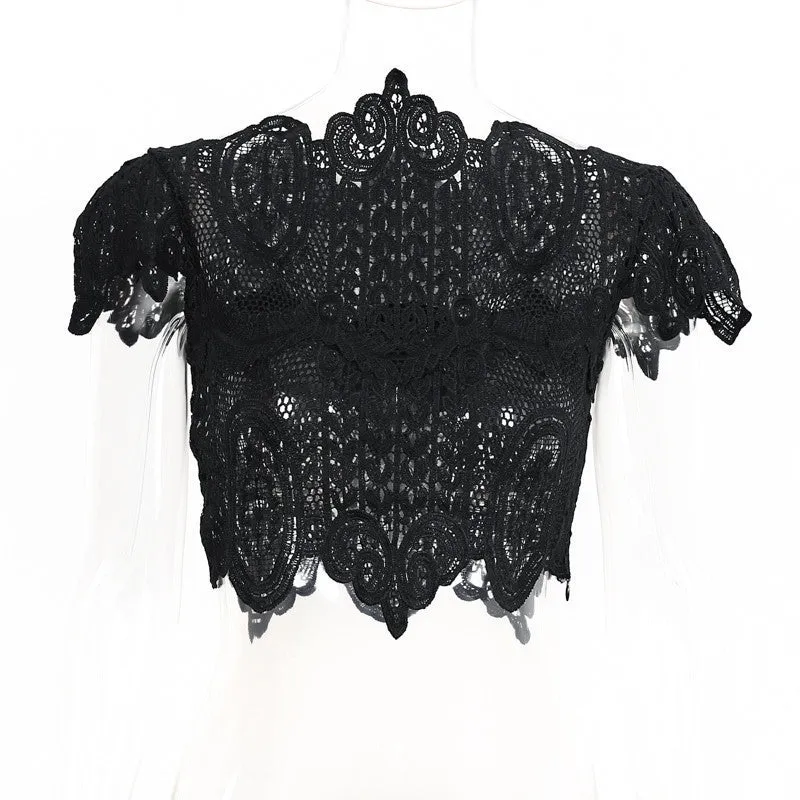 BerryGo style elegant black lace women tops Causal short sleeve white blouse shirt beach hollow out girls crop tops