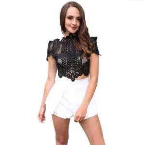 BerryGo style elegant black lace women tops Causal short sleeve white blouse shirt beach hollow out girls crop tops