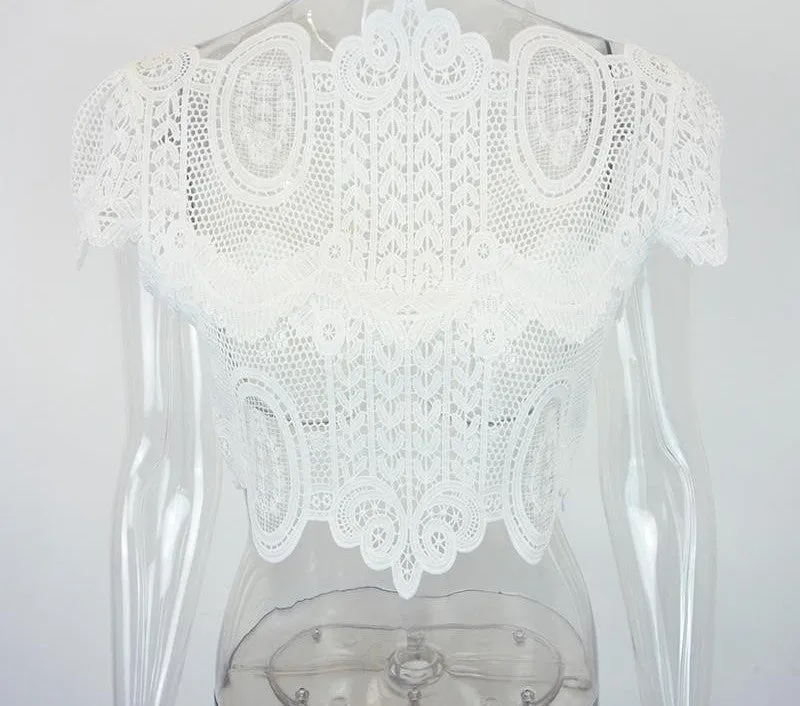 BerryGo style elegant black lace women tops Causal short sleeve white blouse shirt beach hollow out girls crop tops