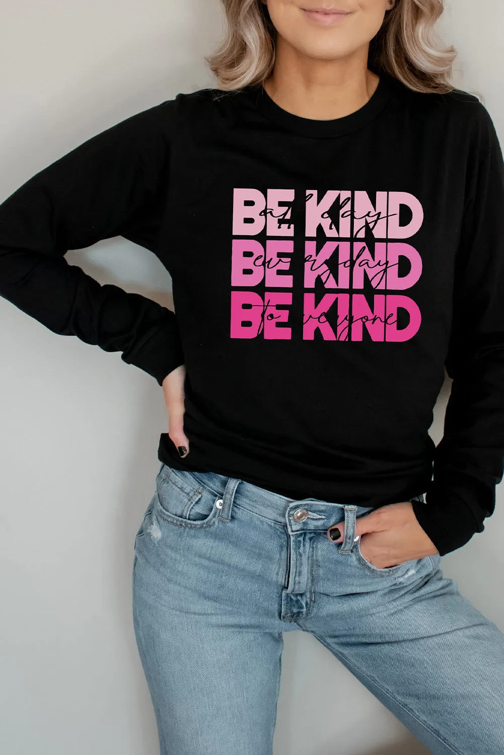 Black BE KIND Letter Print Crew Neck Pullover Sweatshirt