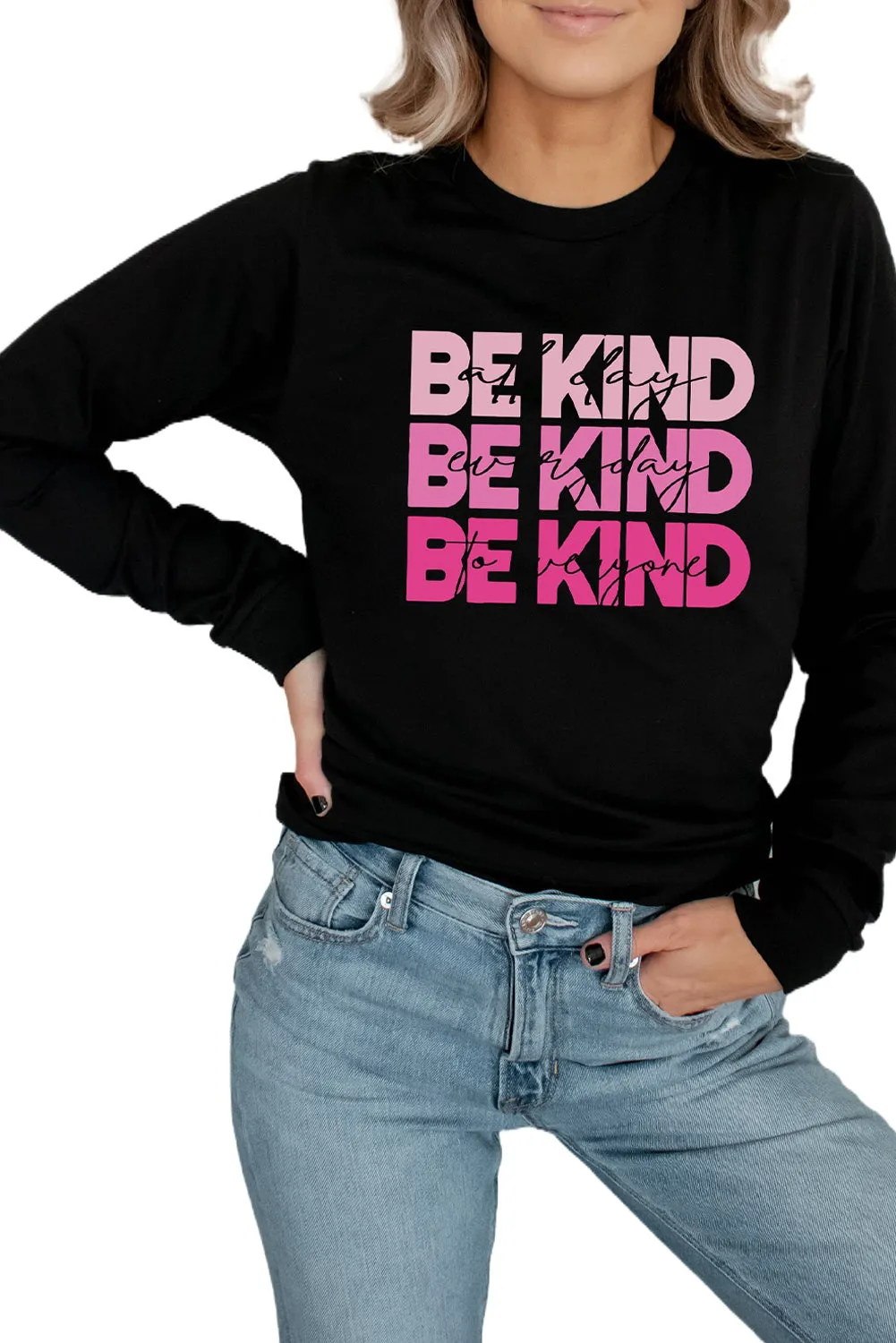 Black BE KIND Letter Print Crew Neck Pullover Sweatshirt