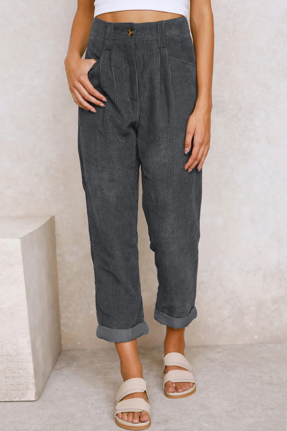 Black Corduroy High Waist Straight Leg Pants