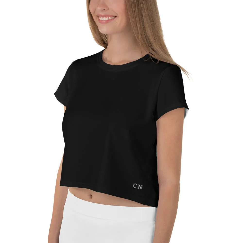 Black Crop Top with white “CN” Logo in lower left corner