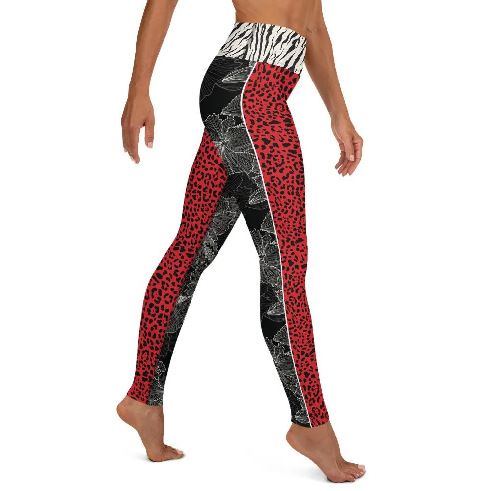 Black Flower Red Cheetah Zebra Waist - Yoga Leggings