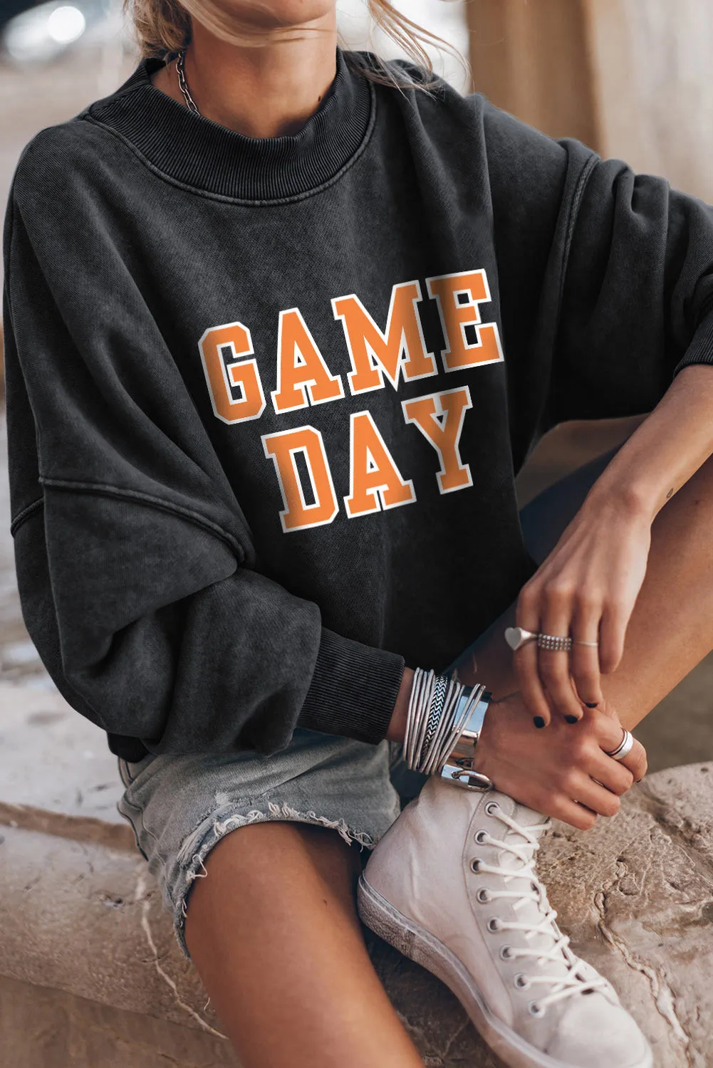 Black GAME DAY Graphic Puffy Drop Shoulder Sweatshirt