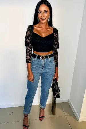 Black Lace Long Sleeve Puff Sleeve Crop Top - Gwynn
