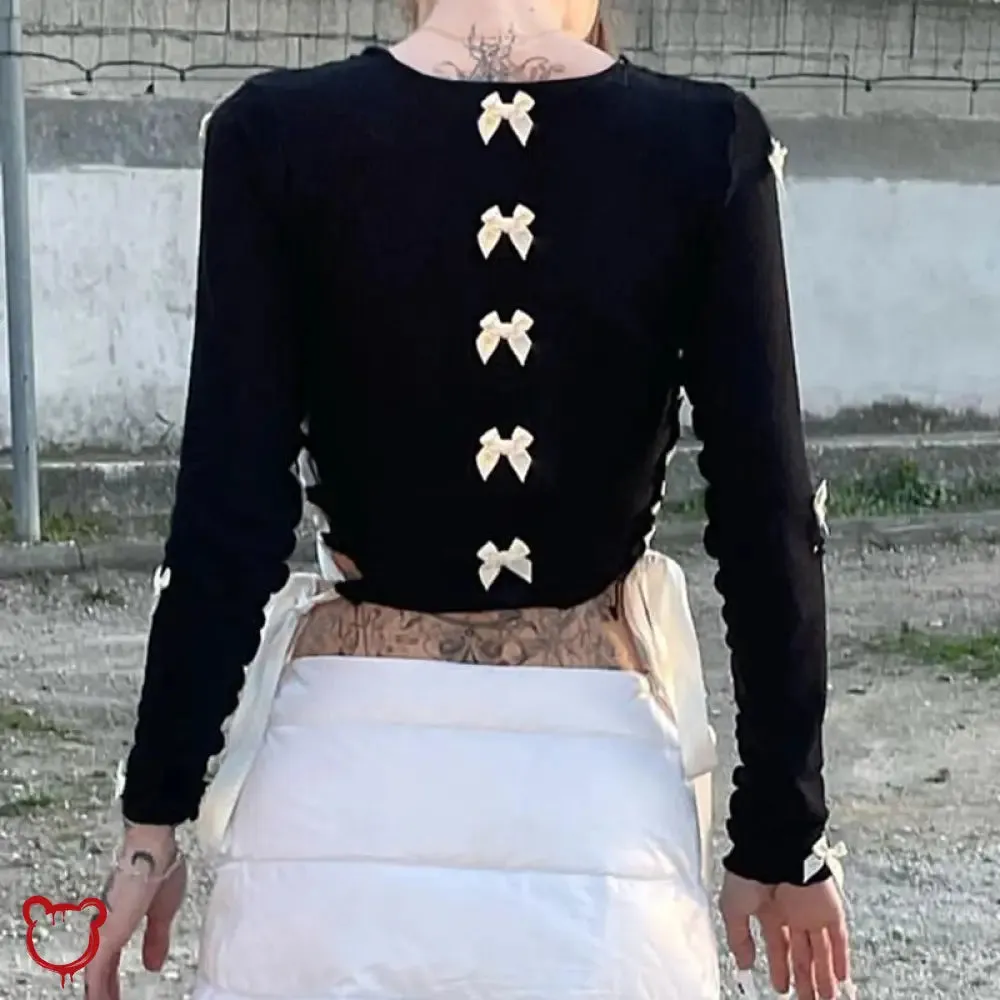 Black Lace-Up Bow Crop Top
