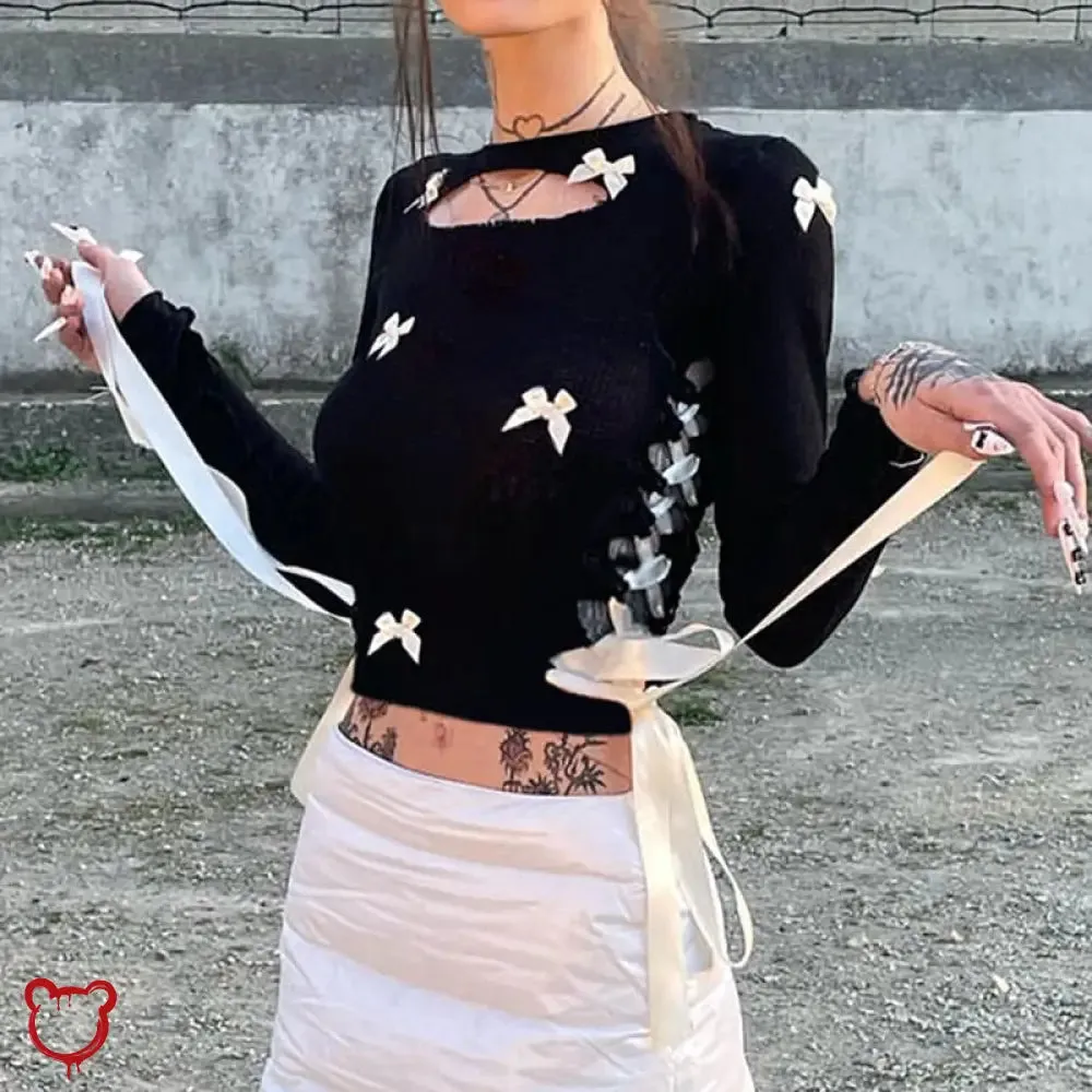 Black Lace-Up Bow Crop Top