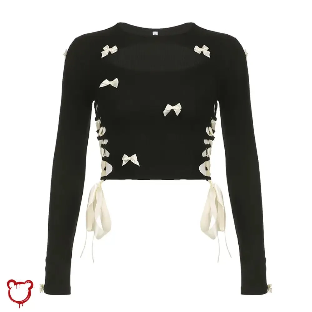 Black Lace-Up Bow Crop Top