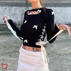 Black Lace-Up Bow Crop Top