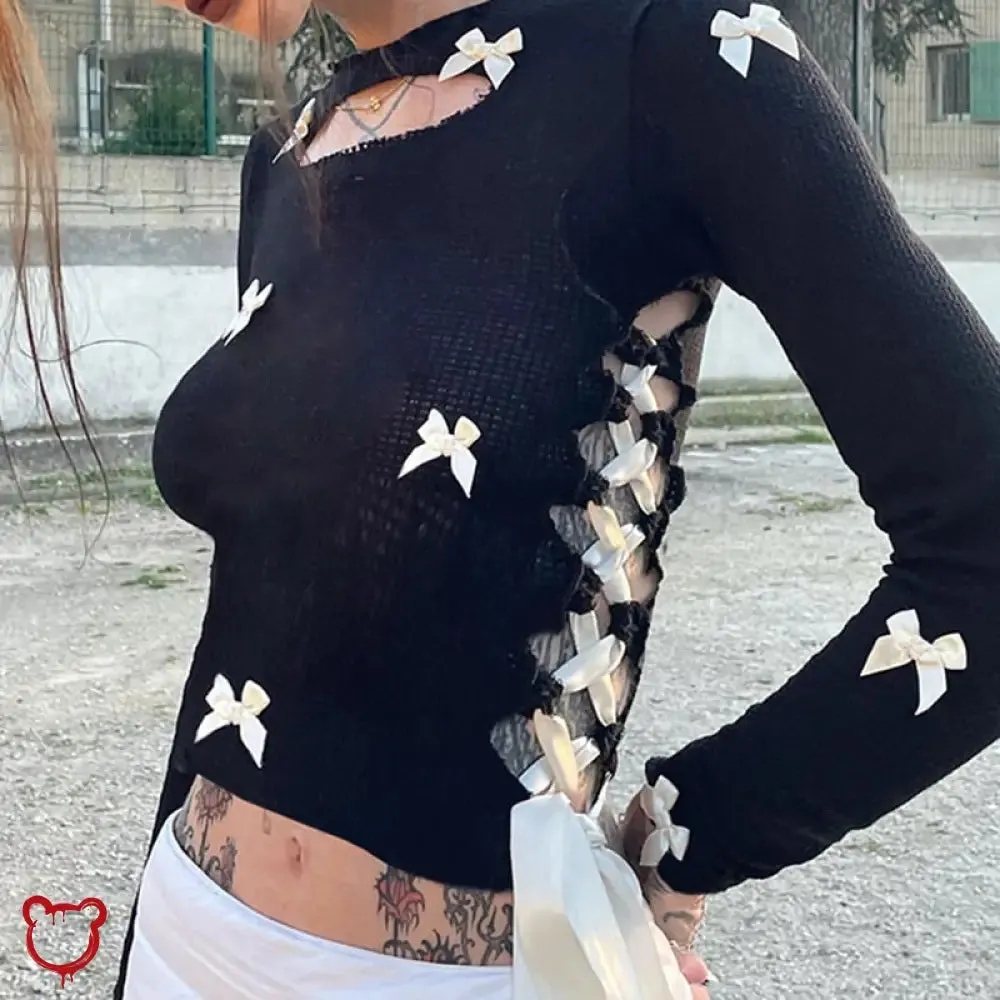 Black Lace-Up Bow Crop Top