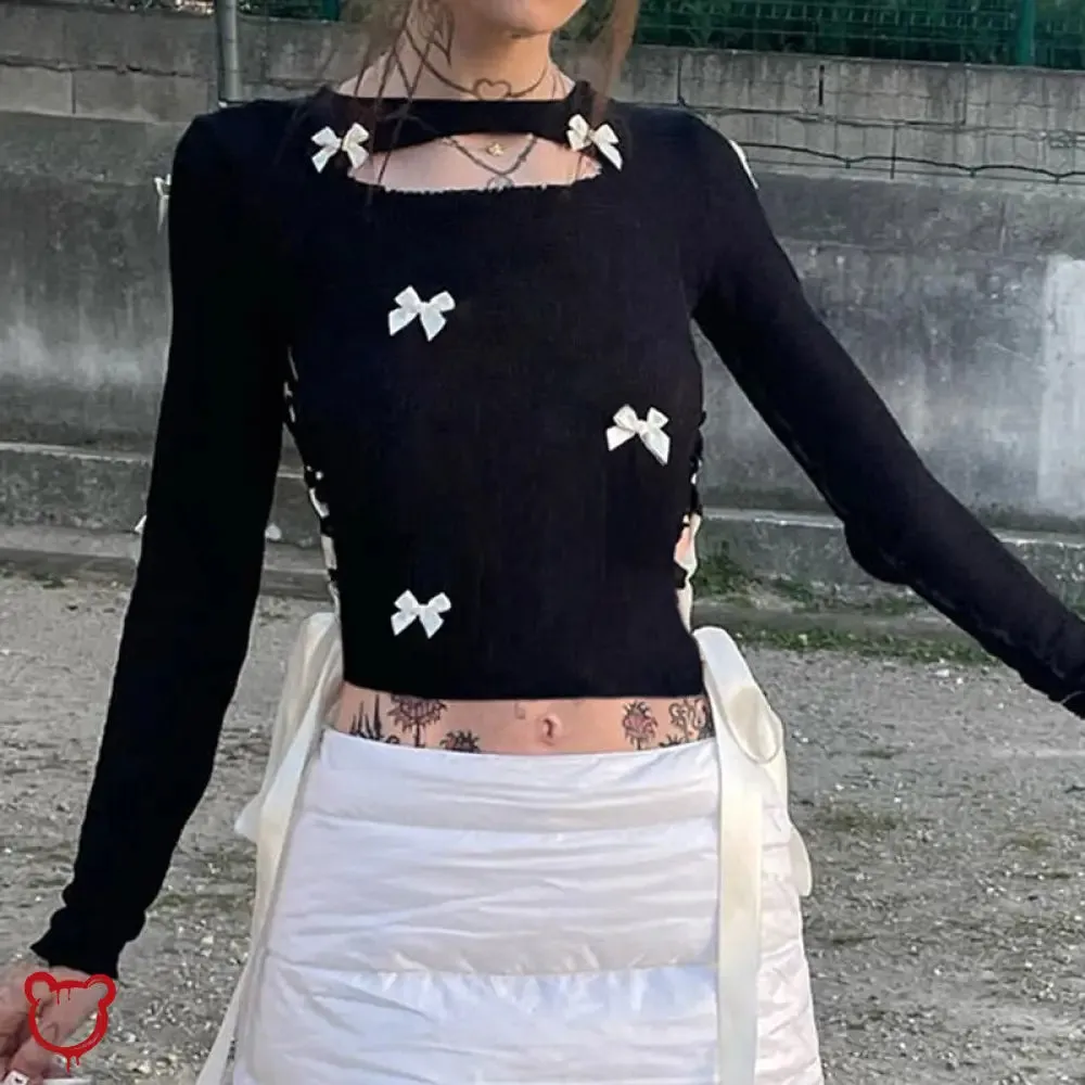 Black Lace-Up Bow Crop Top