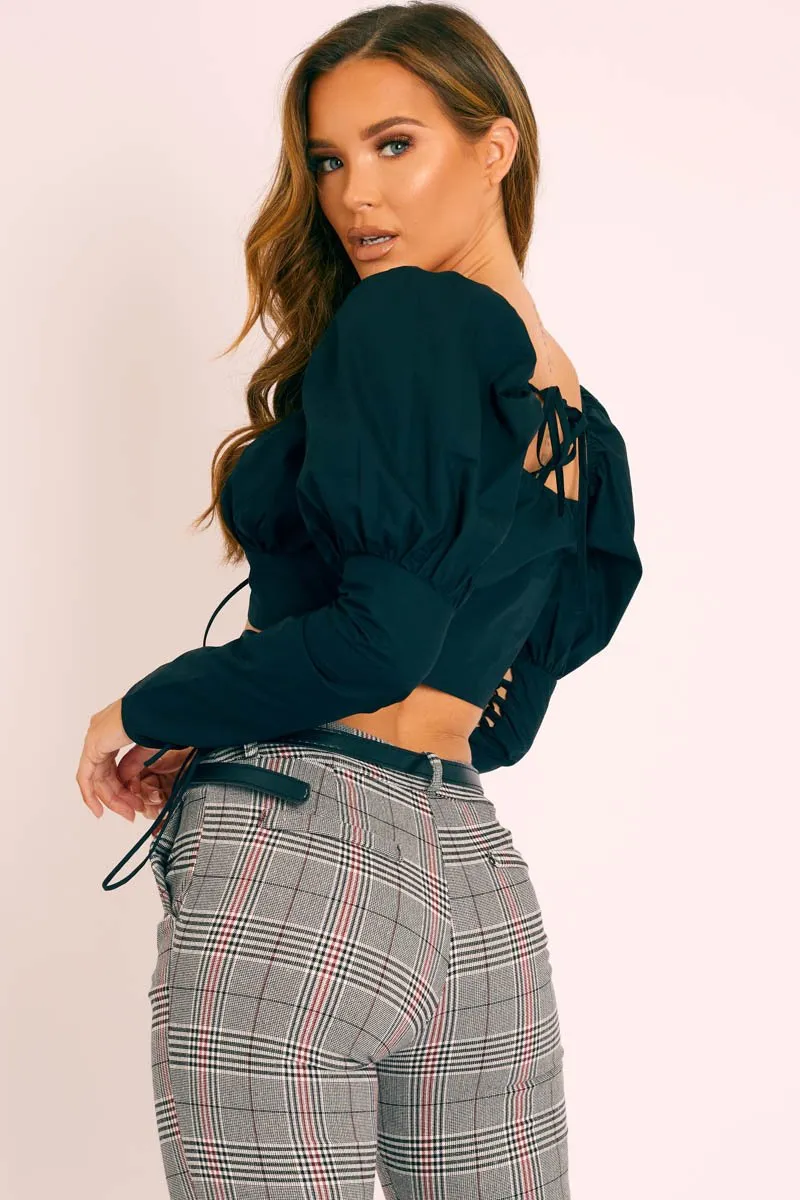 Black Lace Up Front and Sleeves Milkmaid Crop Top - Zyria