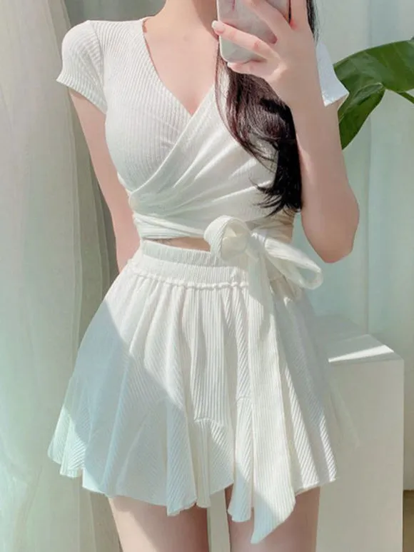 Black Lolita Outfits Ruffles Short Sleeves Top Pants Swimsuit