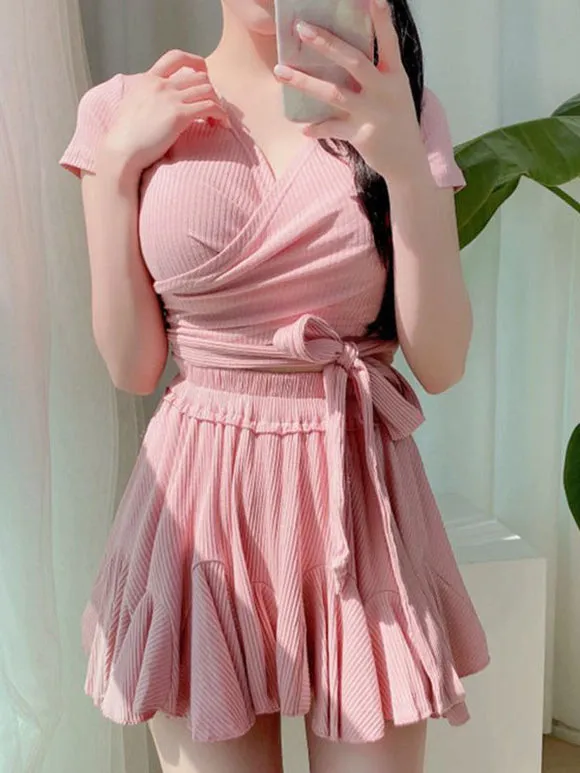 Black Lolita Outfits Ruffles Short Sleeves Top Pants Swimsuit