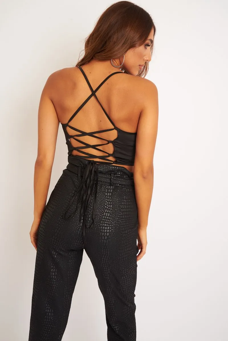 Black Satin Cowl Neck Lace Up Back Crop Top - Kamsi