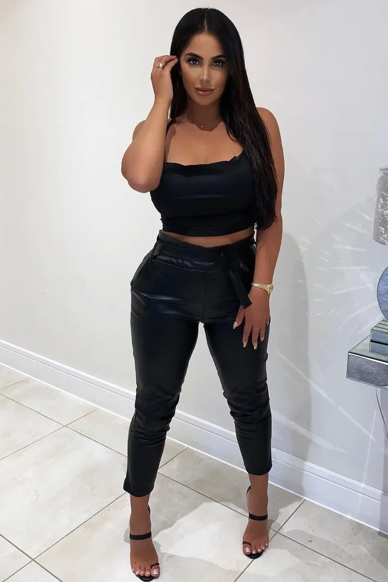 Black Satin Cowl Neck Lace Up Back Crop Top - Kamsi