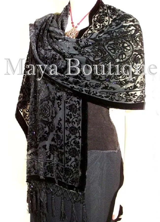 Black Shawl Wrap Scarf Silk Burnout Velvet Beaded Oblong Maya Matazaro