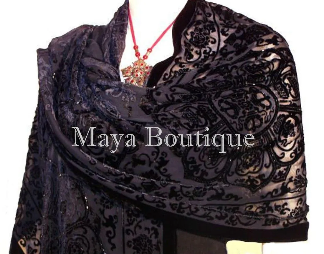 Black Shawl Wrap Scarf Silk Burnout Velvet Beaded Oblong Maya Matazaro