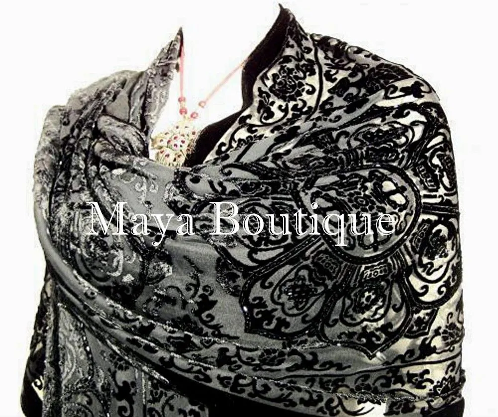 Black Shawl Wrap Scarf Silk Burnout Velvet Beaded Oblong Maya Matazaro