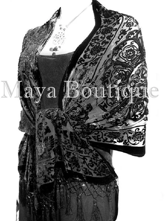 Black Shawl Wrap Scarf Silk Burnout Velvet Beaded Oblong Maya Matazaro