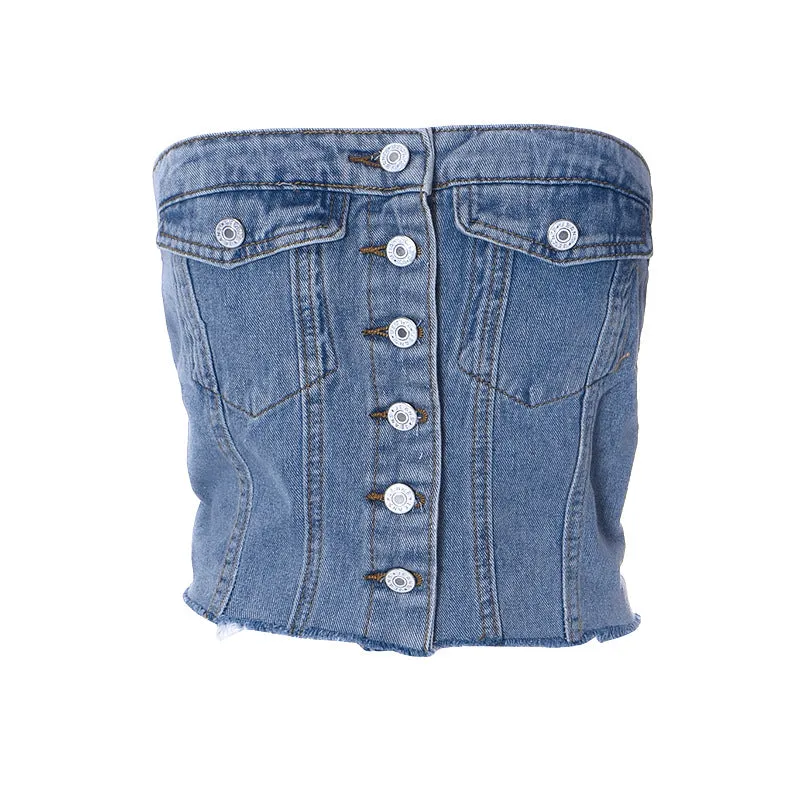 Blue Denim Strapless Crop Top