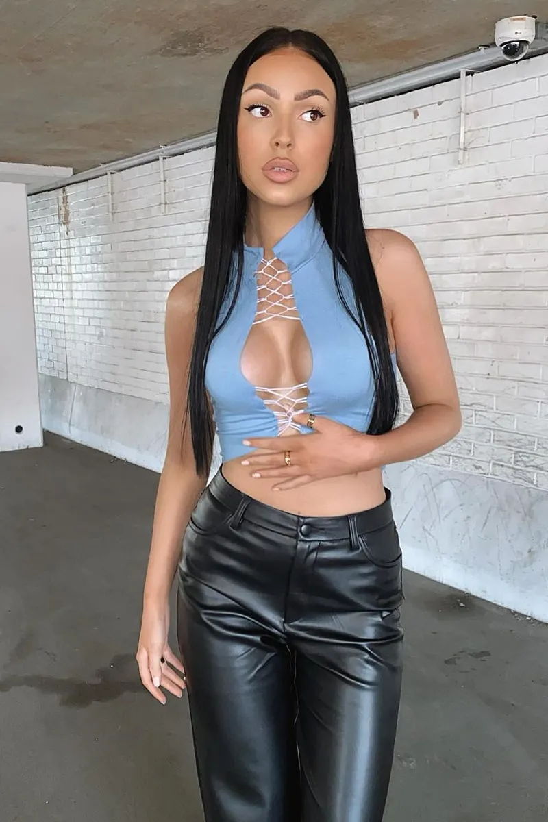 Blue High Neck Lace Up Detail Sleeveless Crop Top - Jeniya