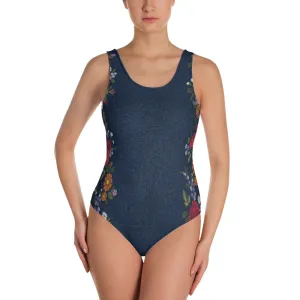 Blue "Denim" with Flowers - One-Piece Swimsuit