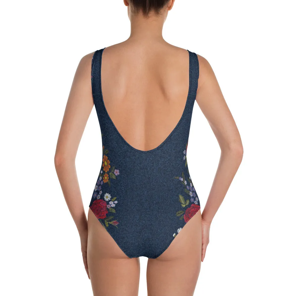 Blue "Denim" with Flowers - One-Piece Swimsuit