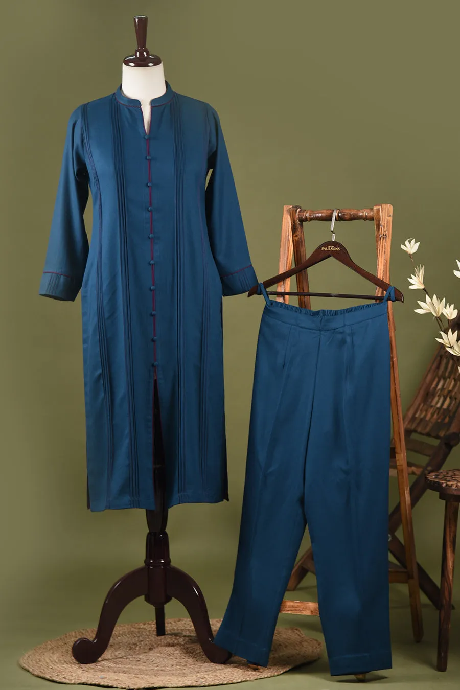 Blue Winter Wear Wool Spun Blend Embroidered Ready To Wear Kurta With Pant