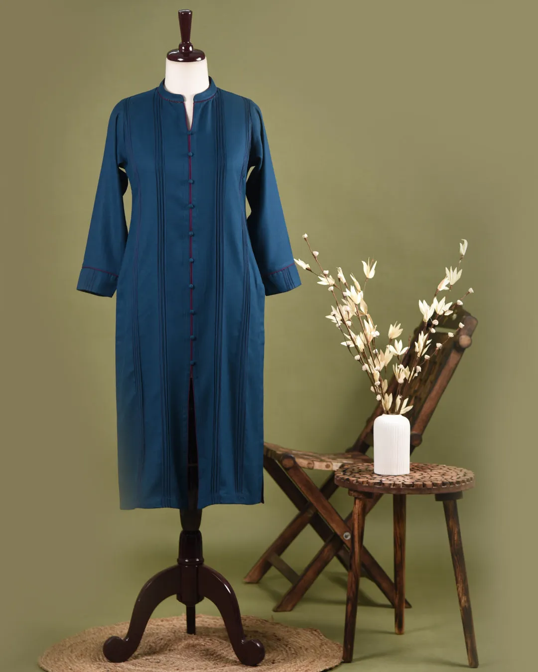 Blue Winter Wear Wool Spun Blend Embroidered Ready To Wear Kurta With Pant