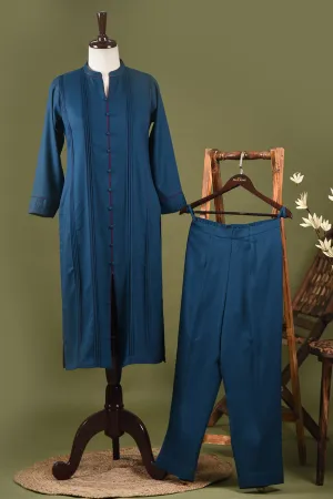 Blue Winter Wear Wool Spun Blend Embroidered Ready To Wear Kurta With Pant